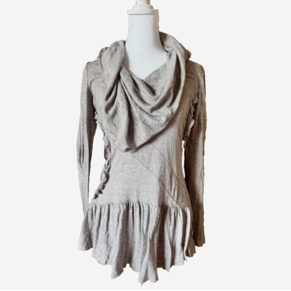 Mystree Womens Small Gray Cowl Neck Sweater Ruffle Peplum Hem Lightweight Knit